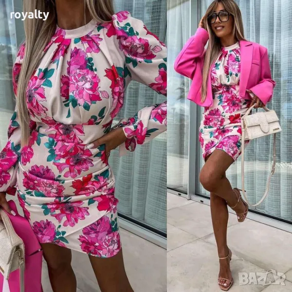 Дамска бяла рокля с розови цветя, снимка 1