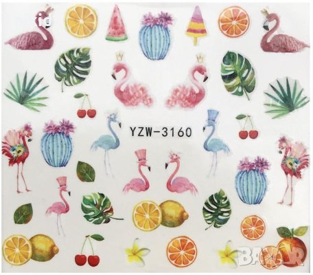 YZW-3160 Фламинго и плодове слайдер ваденки водни стикери за нокти маникюр татос, снимка 1