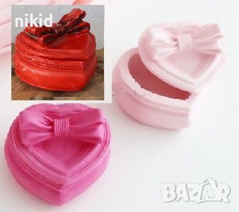 3D кутия сърце с панделка 2 части силиконов молд форма калъп гипс декор бижу украса подарък, снимка 1