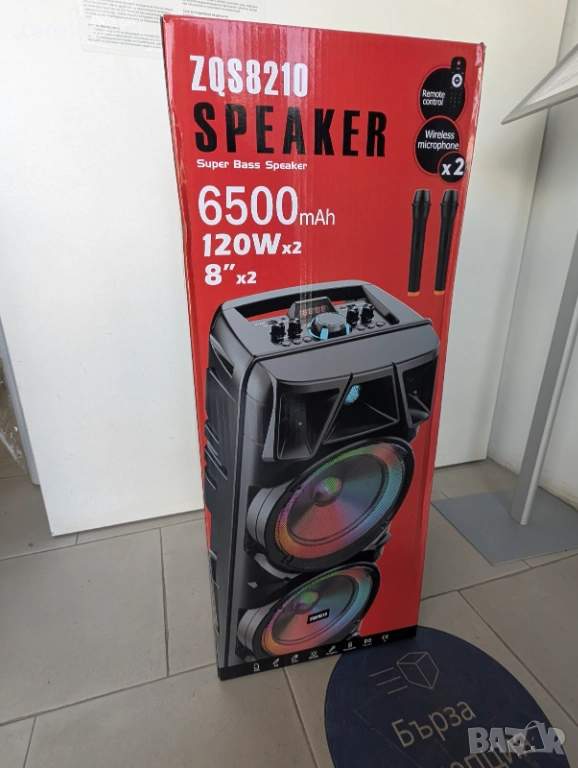 @ Нова ZQS 8210 2х8 120W 6500mah 2 микрофона ПРЕНОСИМА КАРАОКЕ КОЛОНА От вносител 12 месеца гаранци, снимка 1