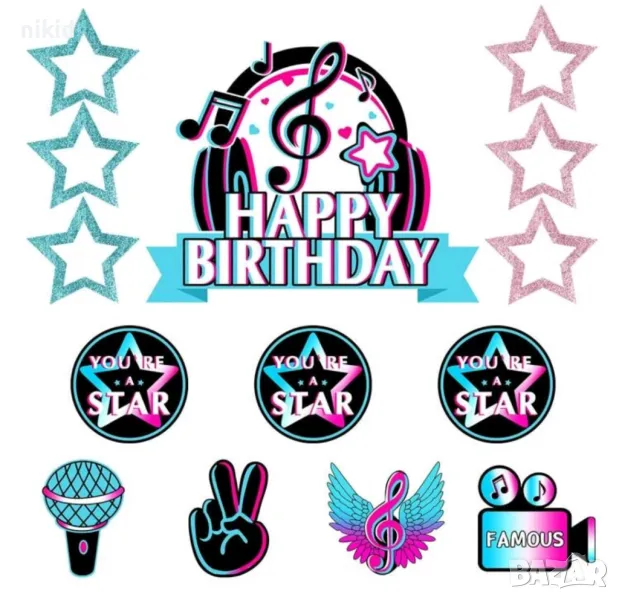 Tik Tok Тик Ток звезди топер топери за торта мъфини кексчета картонени украса декор парти рожден ден, снимка 1