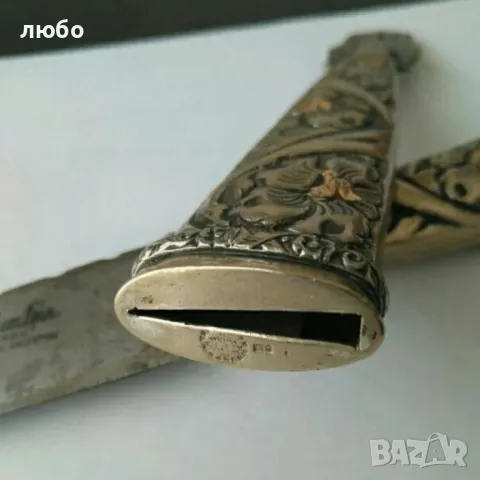 НОЖ  TANDIL-АРЖЕНТИНА 1945 г Сребърна Дръжка и Кания  0,925 и Златно Инкрустирани Елементи 18к , снимка 4 - Антикварни и старинни предмети - 48771687