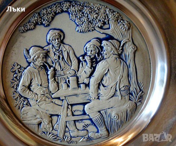 Чиния,пано от калай с картина Ловци. , снимка 2 - Пана - 32574620