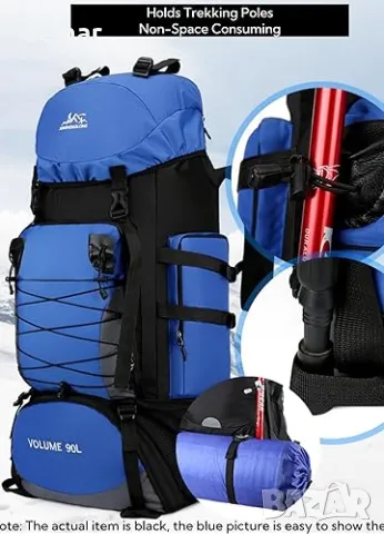 Fesky Водоустойчива раница с капацитет 90 л - голяма регулируема, 85 см x 38 см x 26 см, черна, снимка 7 - Раници - 47400394