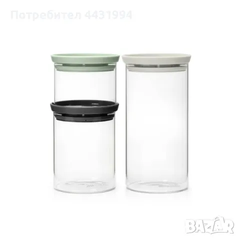 Буркани комплект Brabantia Stackable 0.3L+0.6L+1.1L, Light Grey/Dark Grey/Jade Green, 3 броя, снимка 1