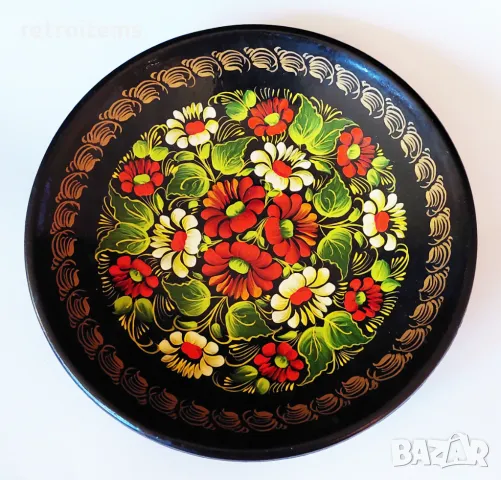 Винтидж. Дървена, ръчно рисувана лакирана чиния за стена  , снимка 3 - Декорация за дома - 49590698