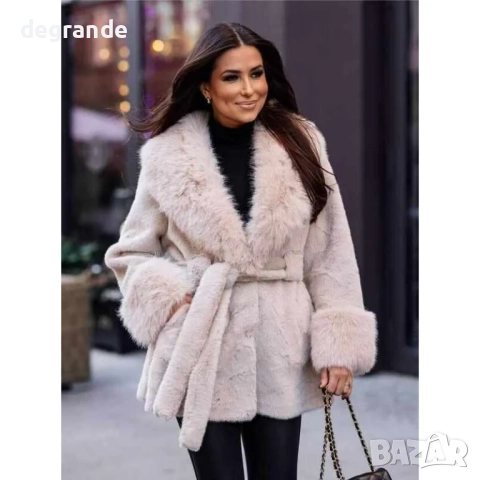 Вталено еко-палто с колан и яка налично в ЧЕРНО БЯЛО БЕЖОВО