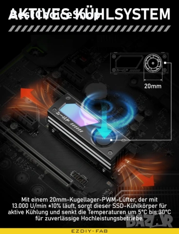 ARGB M.2 SSD охладител с 20mm PWM вентилатор, премиум алуминиев дизайн за M.2 2280, снимка 9 - Други - 53398205