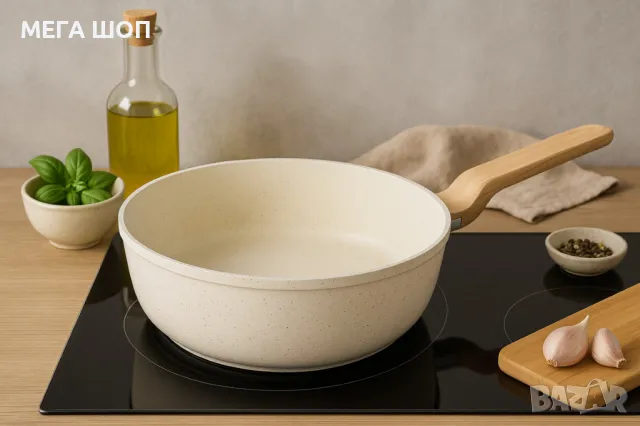 Тиган Voltz Nice 24x6.3см., 28x6.8см., Дълбок, Кован алуминий, Мраморно покр., Индукция, Кремав мела, снимка 2 - Съдове за готвене - 50192174