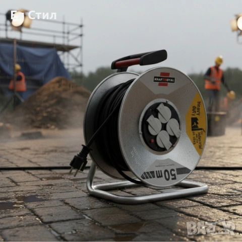 Електрически удължител с макара KraftRoyal 50m — здрава поцинкована конструкция, снимка 3 - Аксесоари и консумативи - 53567019