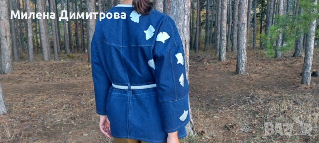 Дамско кимоно от рециклиран деним и рисувана Гинко Билоба , снимка 10 - Сака - 48851511