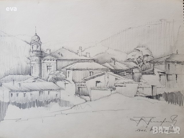 Майсторска рисунка Тома Петров(1908-1972) Църквата в Шумен 1946година  , снимка 6 - Картини - 40069359