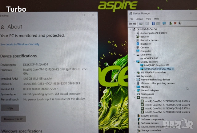 15.6' IPS Acer Aspire 7 Core i5-7300HQ/GTX 1050Ti 4GB GDDR5/12GB/512GB, снимка 7 - Лаптопи за игри - 53419834