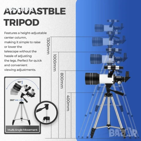 НОВ, мострен телескоп ESAKO - апертура 70 mm, 3 окуляра, статив с регулируема височина..., снимка 6 - Друга електроника - 50501648