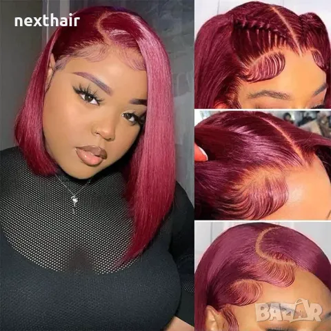 Естествена права 30 см тъмно червена перука с дантела 13x4 лейс фронт, снимка 12 - Аксесоари за коса - 47909140