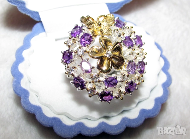 925 сребърен пръстен с аметисти, подходящ за подарък, снимка 3 - Пръстени - 51720209