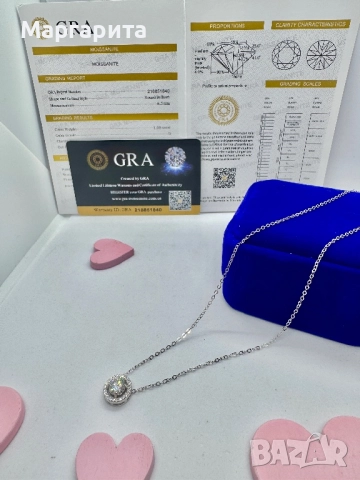 Сребърно колие с мойсанит (диамант) 1 карат, снимка 3 - Колиета, медальони, синджири - 51531365