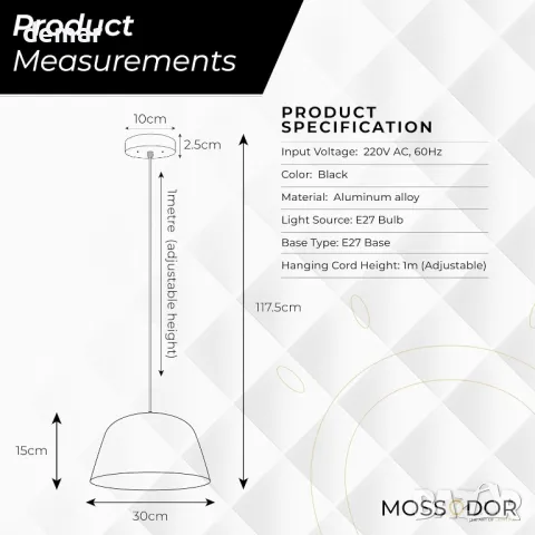 MOSSODOR таванна лампа, 30 см, черна отвън и бяла отвътре, включва 1x Edison крушка Е27, снимка 4 - Лампи за таван - 49275300