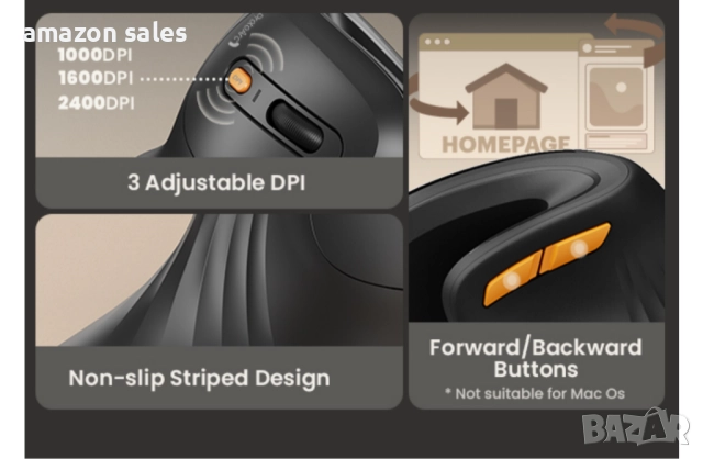 ProtoArc Ергономична мишка EM11 NL Bluetooth презареждаща безжична вертикална връзка с 3 устройства, снимка 12 - Клавиатури и мишки - 51912037