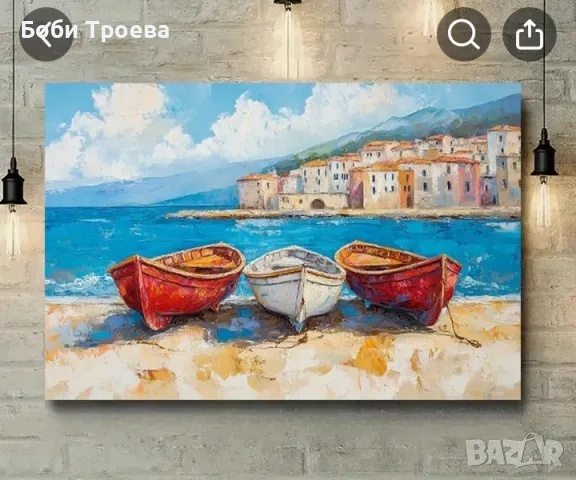 Пейзаж с три лодки на плажа пред италианския брегови град, снимка 3 - Картини - 49140247