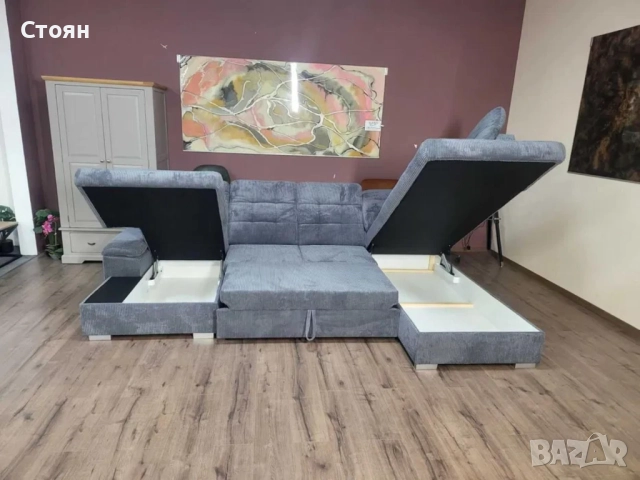 ПРОМОЦИЯ!!!Сив П-образен ъглов диван от плат рипсено кадифе Nixon, снимка 2 - Дивани и мека мебел - 52829869