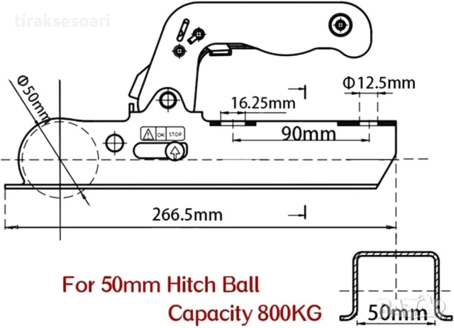 Заключваща лапа тип квадрат за теглич 50мм – за ремарке до 800 кг, неръждаема стомана, снимка 2 - Аксесоари и консумативи - 51033583