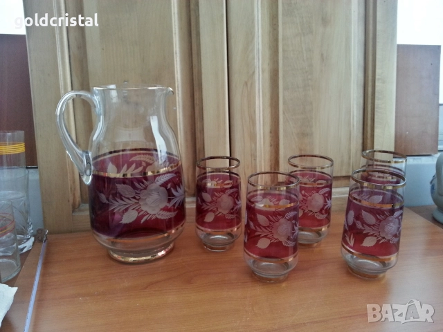 Ретро стъклена кана с чаши гравирани, снимка 5 - Антикварни и старинни предмети - 39805886