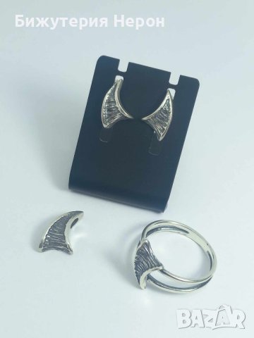 Сребърен комплект обеци на щифт , висулка и пръстен, снимка 1 - Бижутерийни комплекти - 43999559