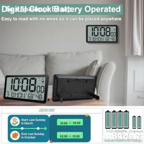 Нов 10.5" Голям LCD дигитален часовник аларма температура влажност, снимка 6 - Друга електроника - 53523747