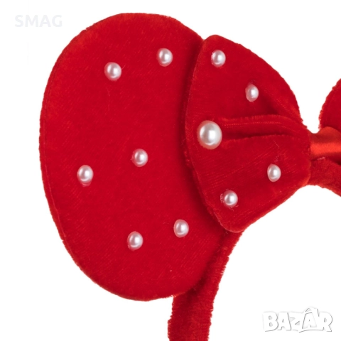 Коледна кадифена диадема с червени ушички и бяла панделка с перли_1242804, снимка 2 - Шноли, диадеми, ленти - 52707049