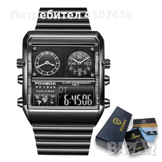 FOXBOX Унисекс аналогов/дигитален концептуален часовник,черен циферблат,каишка от неръждаема стомана, снимка 11 - Мъжки - 52793580