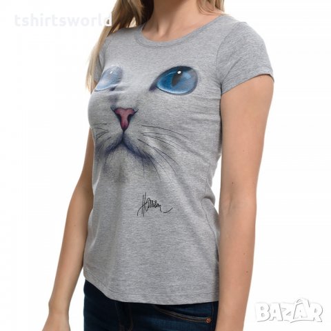 Нова дамска сива тениска с 3D принт Котка със сини очи, снимка 3 - Тениски - 29126621
