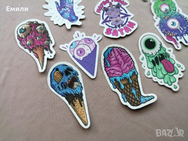 Цветни самозалепващи стикери - цена за брой - чудовища, сладолед, котка, череп, мозък, очи, снимка 4 - Други - 44118653