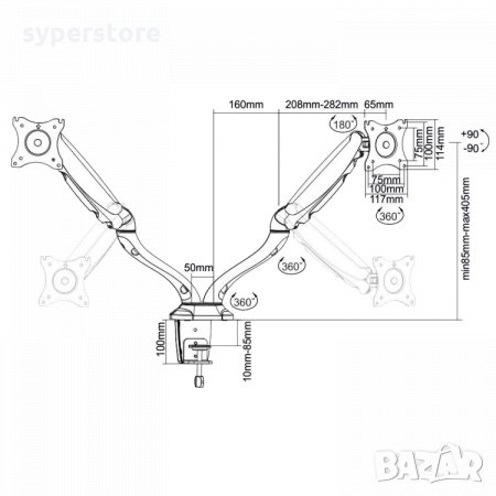 Универсална стойка за Два Монитора SBOX LCD-S024 За монтаж на плот, бюро и др., снимка 2 - Стойки, 3D очила, аксесоари - 33345117