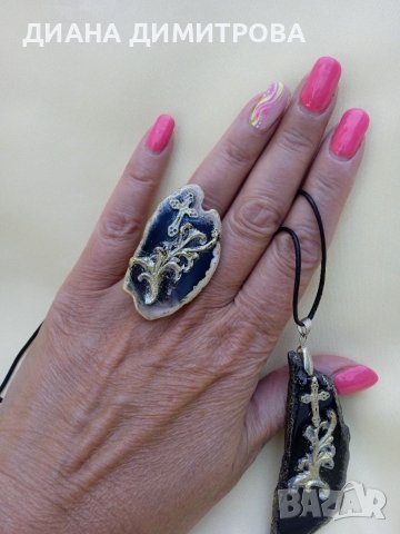 Ръчно декориран комплект /сет/бижута пръстен и колие с черен ахат! Подарък за жена!!, снимка 2 - Колиета, медальони, синджири - 37663192