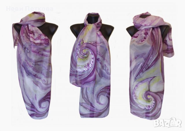 Рисуван копринен шал БРИЗ, снимка 2 - Шалове - 37468829