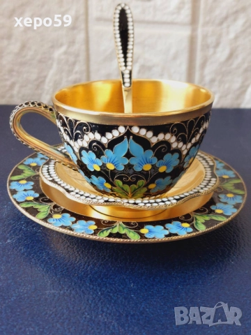 СССР-сребро 916-сребърни чаши с емайл позлата,сребърен сервиз, сребро,злато, снимка 7 - Сервизи - 52217778