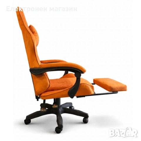 Оранжев велурен геймърски стол с поставка за крака – ергономичен, метална рамка, снимка 4 - Столове - 53241740
