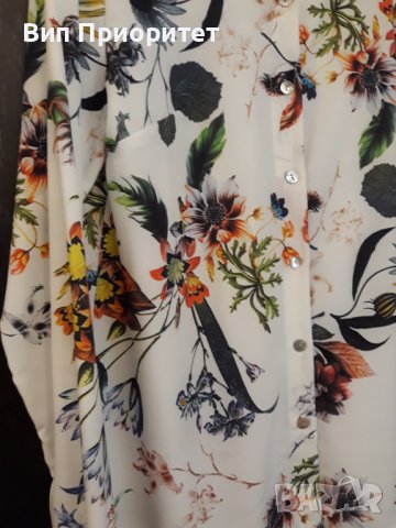Бяла риза с пъстър принт, дълъг ръкав, официална, коприна, със закопчаване отпред, снимка 5 - Ризи - 37408068