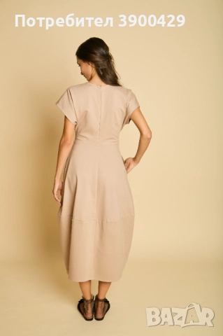 Скулптурна Памучна Миди Рокля - Sammy - Бежова, снимка 4 - Рокли - 52184058