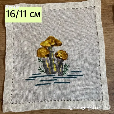 Гобленчета Гъбки ушити на малки кърпички, снимка 3 - Антикварни и старинни предмети - 47776499