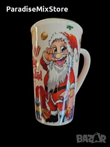 Коледна порцеланова чаша с гумен капак 15см височина. 🍵ВАРИАНТИ: картинка С еленче или с Дядо Колед, снимка 2 - Чаши - 42993501