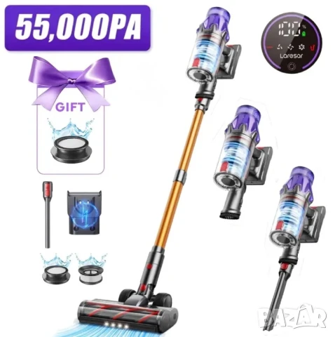 Безжична Вертикална Прахосмукачка Laresar V7, 55000Pa, LED Дисплей и Батерия - 60мин Работа 20000mAh