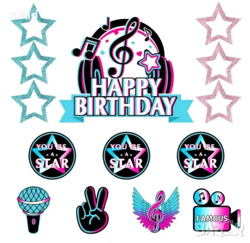Tik Tok Тик Ток звезди топер топери за торта мъфини кексчета картонени украса декор парти рожден ден