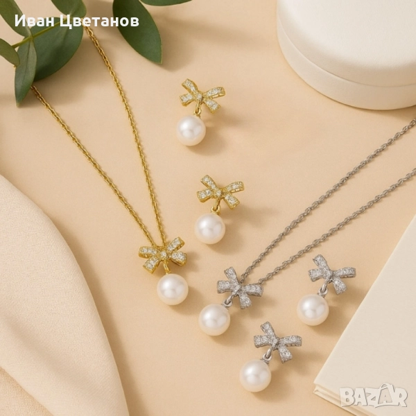 Комплект колие и обеци с перли и панделки/ устойчив метал, снимка 1
