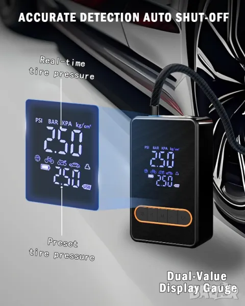 Акумулаторен компресор с дисплей за помпане с детектор за налягане, снимка 1