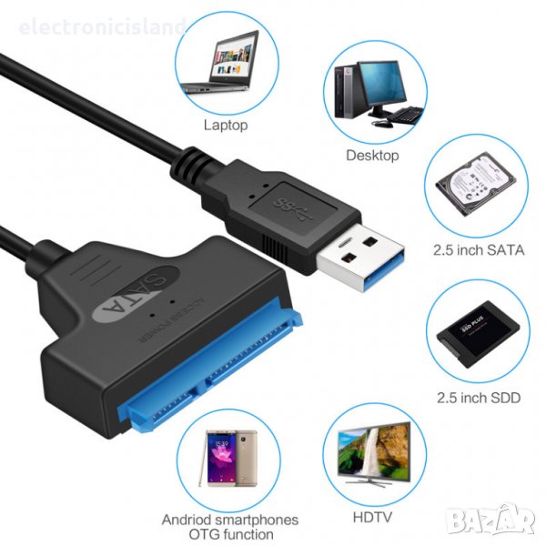 Кабел USB 3.0 / 22 pin SATA конвертор за 2,5 хардиск за лаптоп компютър HDD, снимка 1