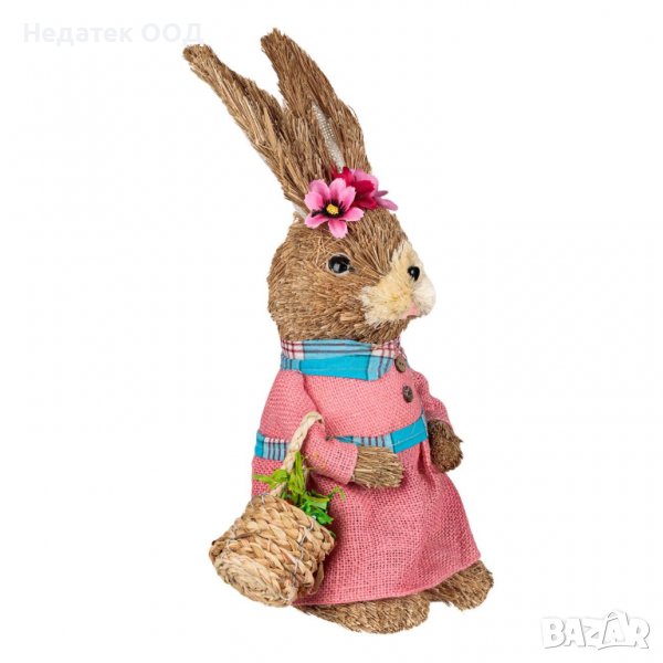 Великдендекорация, Зайче с рокля и кошница, 36 см, Розово/ кафяв, снимка 1