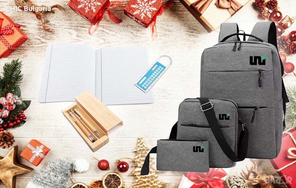 Раница, химикал, молив, тетрадка и още + Подарък коледни лакомства, снимка 1