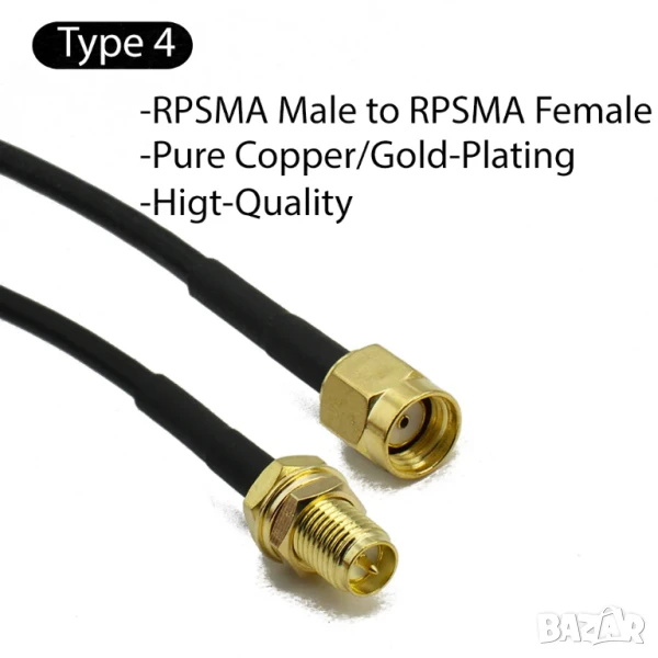 Коаксиален кабел RP-SMA Female към RP-SMA Male RG174 / 50cm, снимка 1